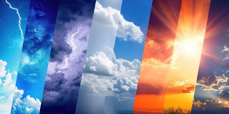 Meteo weather forecast collage concept various weather conditions